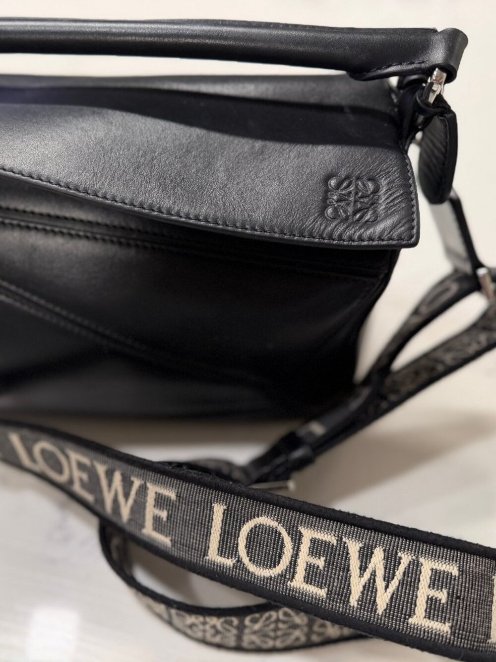 Loewe Puzzle Bag Small Black Calfskin Crossbody with Logo Strap